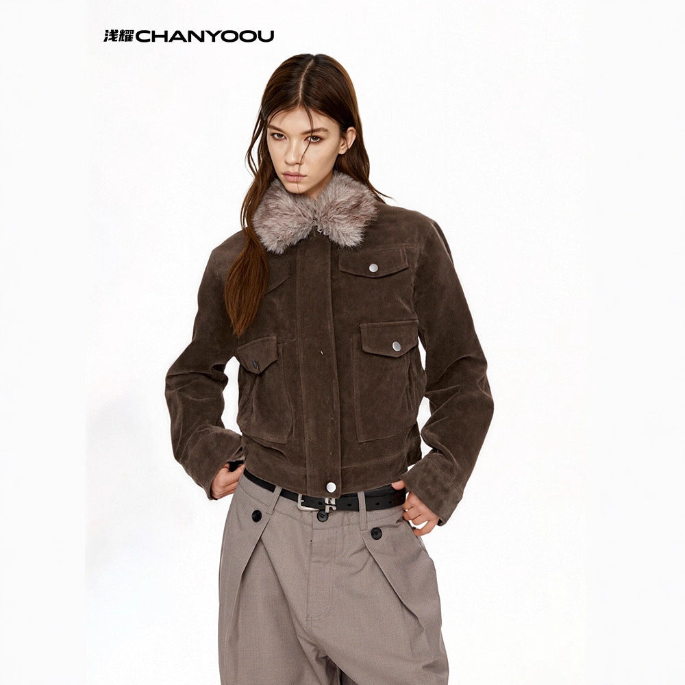 CHANYOOU Vintage Fur Collar Slim and Thin Jacket