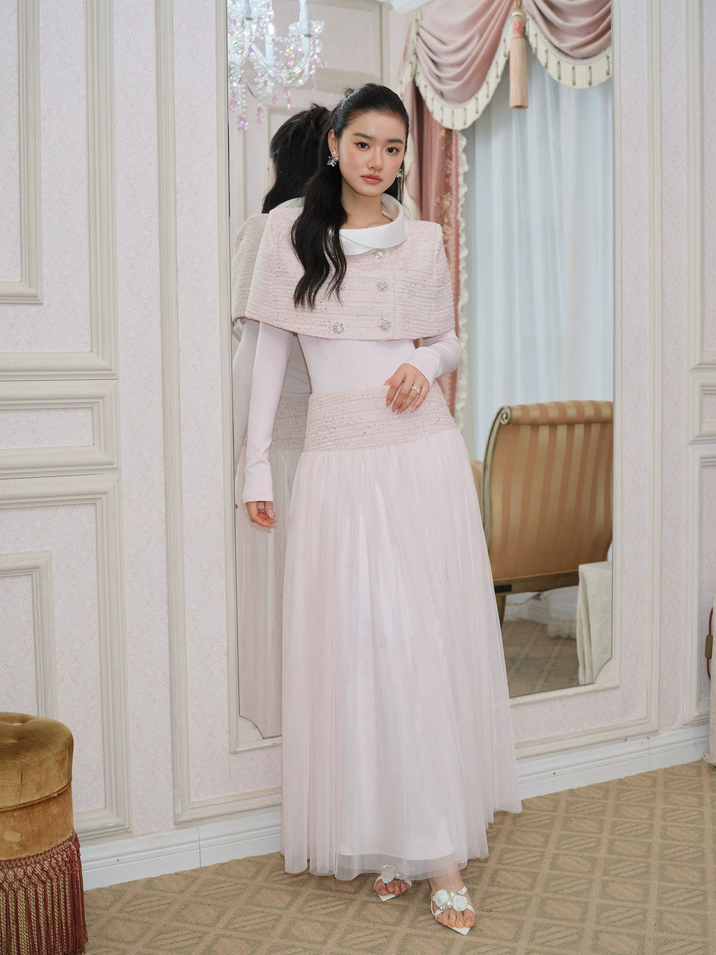 J TheChosen Satin Stand-Up Collar Shawl Mesh Skirt Set