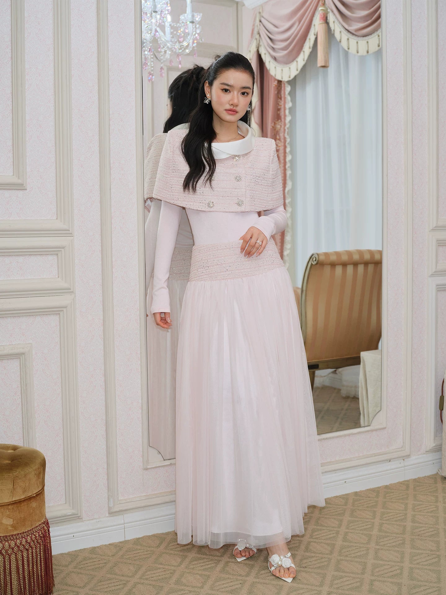 J TheChosen Satin Stand-Up Collar Shawl Mesh Skirt Set