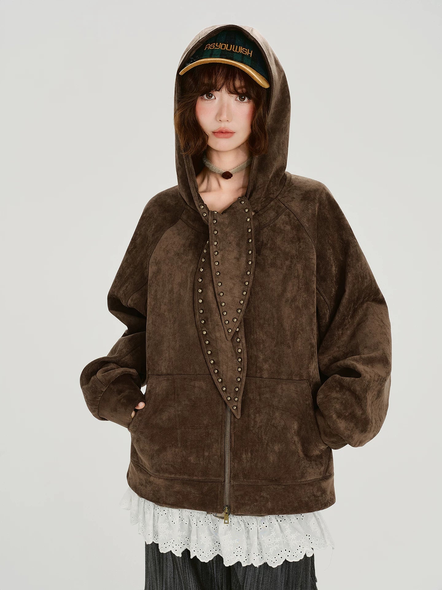 Girlyhalo Vintage Loose Suede Hooded Jacket