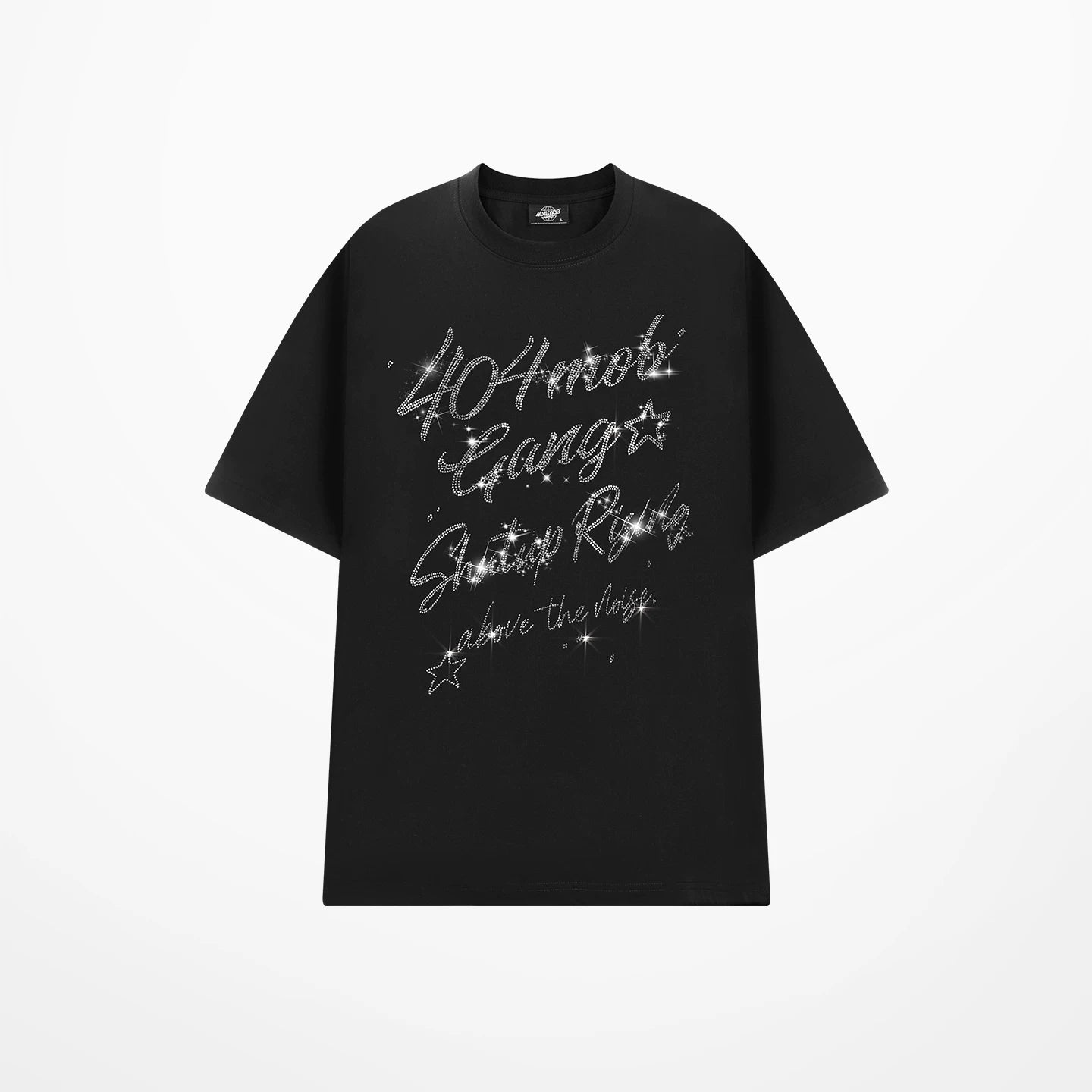 404MOB Letter Hot Diamond Round Neck Loose Tee