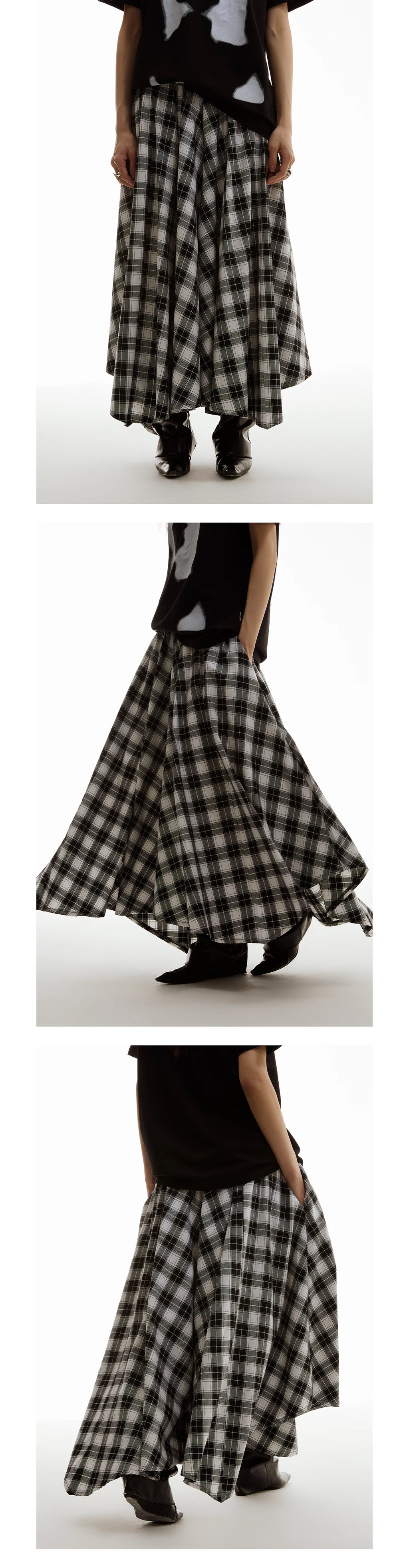 FUNKYFUN Retro Check Wide-Leg A-Line Skirt Pants