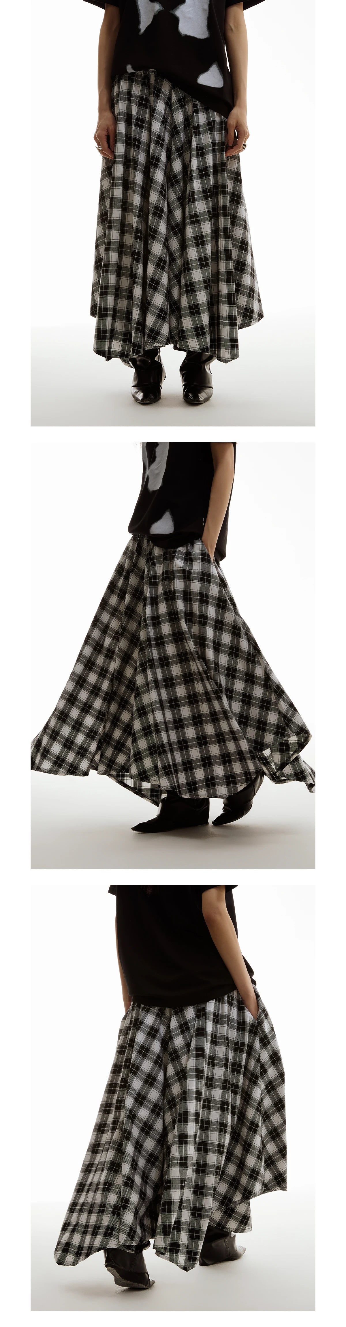 FUNKYFUN Retro Check Wide-Leg A-Line Skirt Pants