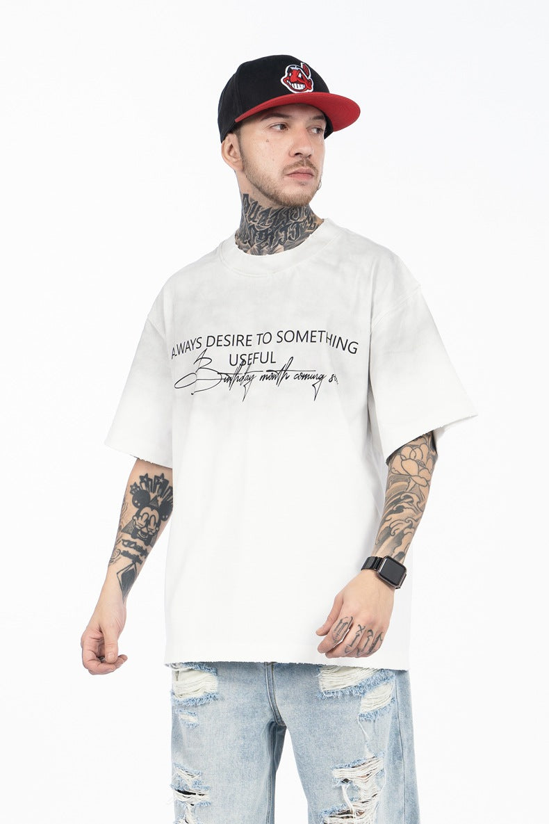 SUPER WAY Spray Color Gradual Change Letter Printing Simple Tee