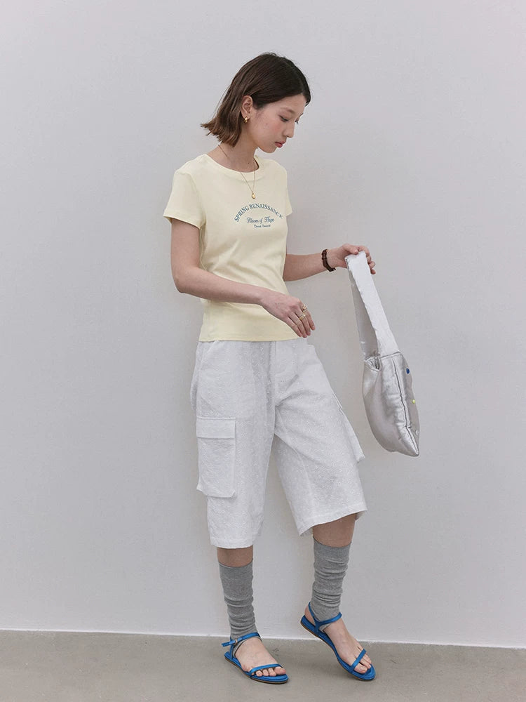 VOOE Letter Print Front Shoulder Crew Neck Versatile Tee