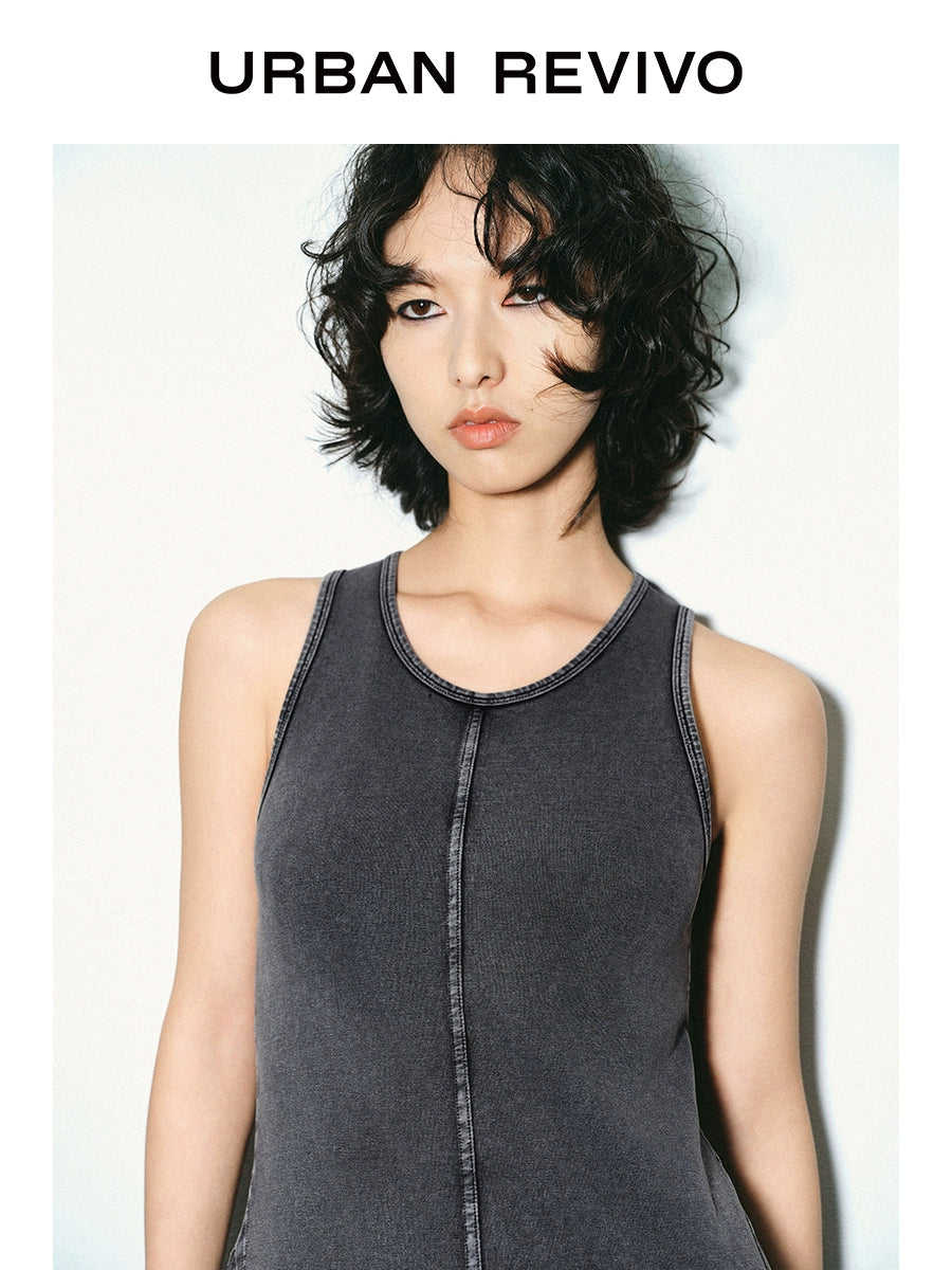 URBAN REVIVO Old Washing Water Dividing Line Design Sense Sleeveless Dress