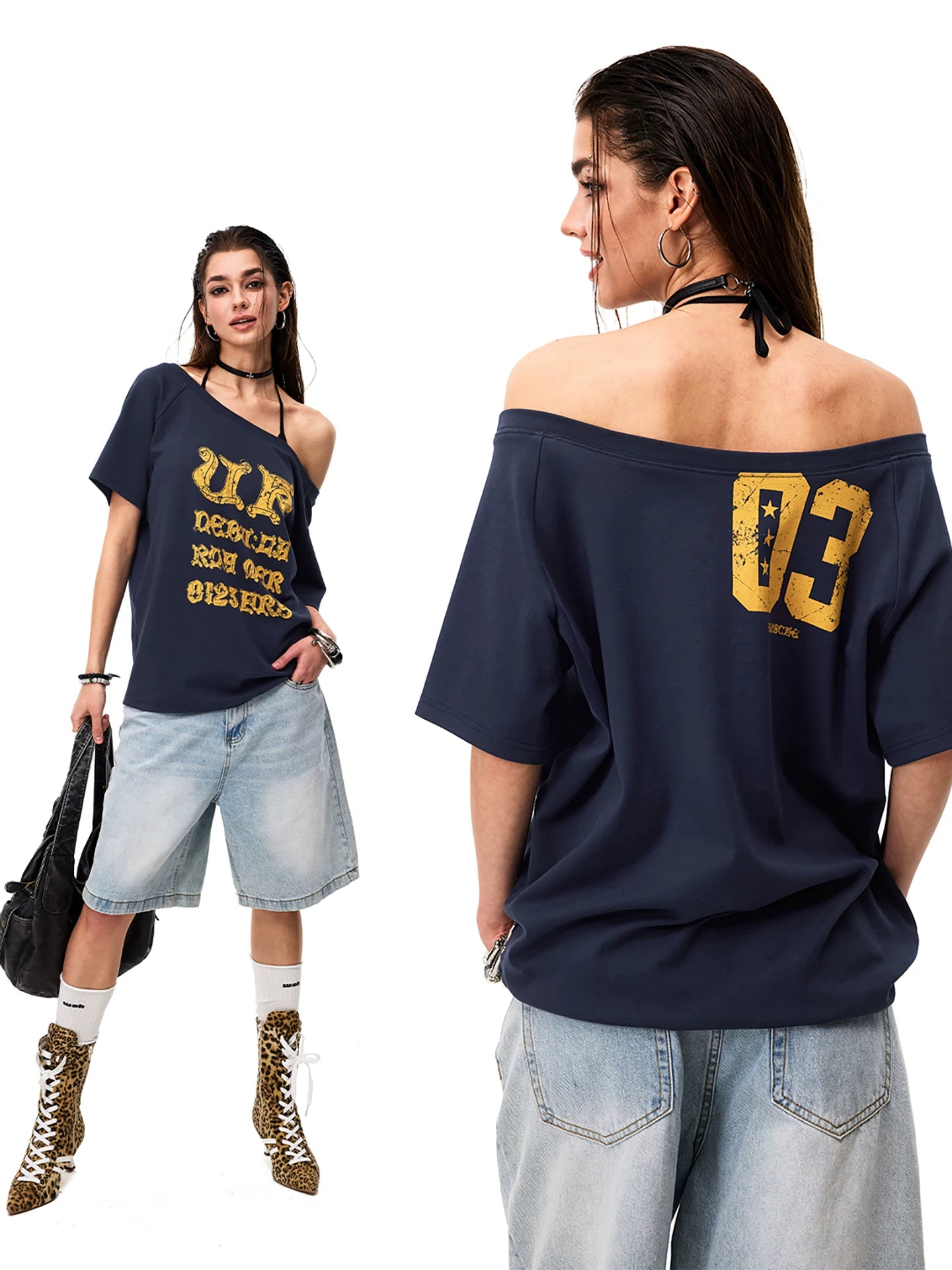 0123Start Diagonal Shoulder Contrasting Loose Tee