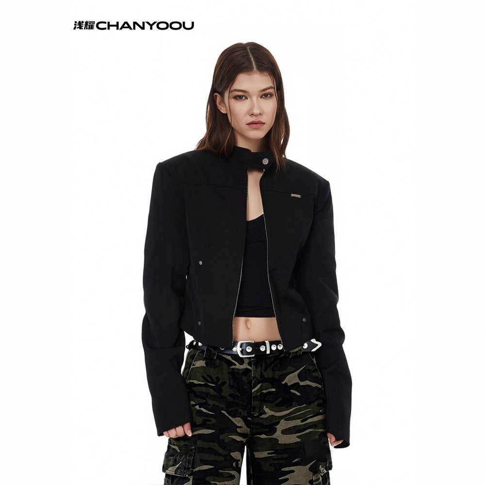 CHANYOOU Vintage Front Shoulder Skinny Stand-Up Jacket
