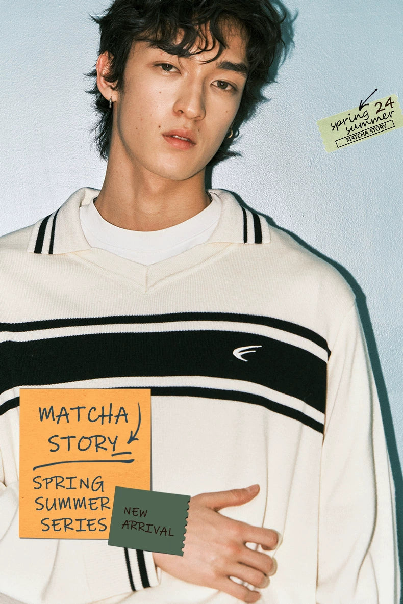 MATCHA STORY Striped Contrasting Polo Neck Loose Knitted Sweater