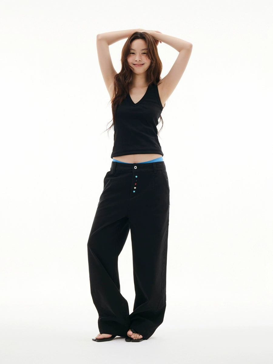FUNKYFUN Hand-sewn Colorful Starfish Button-up Straight Casual Pants