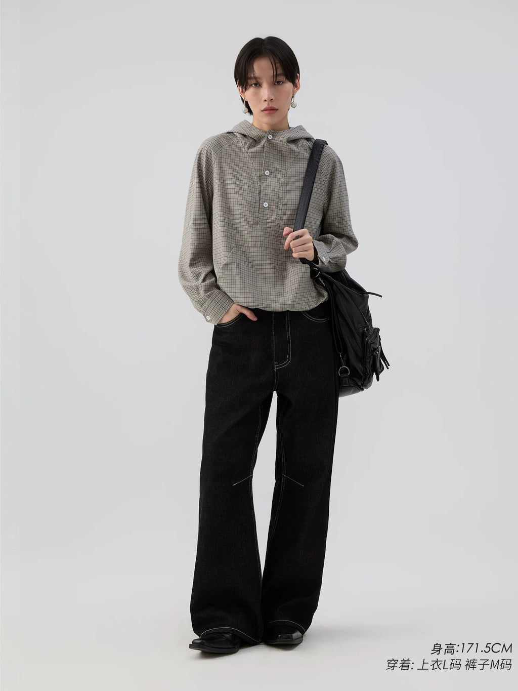 Sameuoo Hem Drawstring Hooded Plaid Long-sleeved Shirt