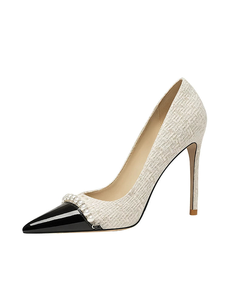 Lily Wei Color Matching Temperament Small Fragrant Style Pearl High Heels