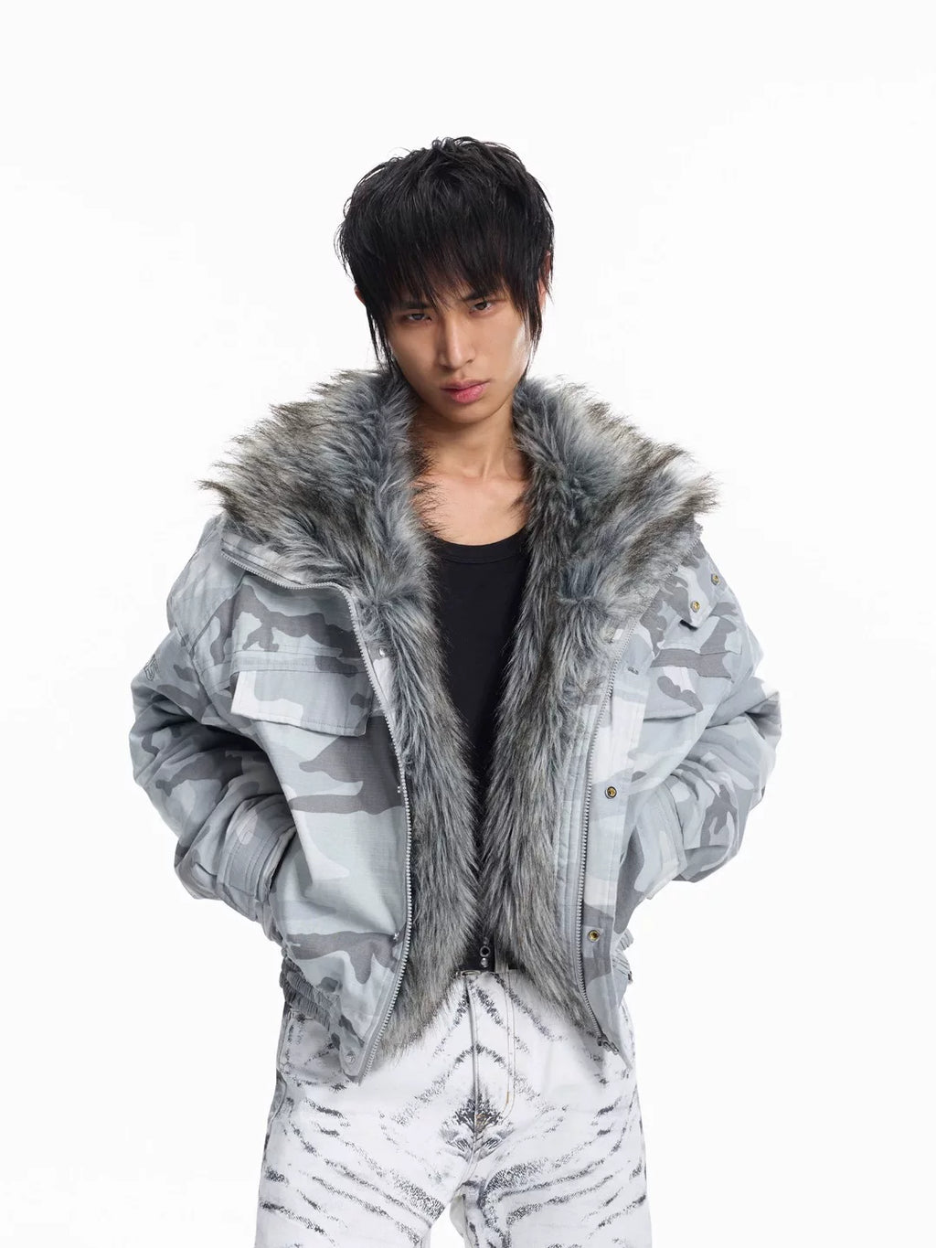 Lightinus Grey and White Camouflage Faux Wolf Hair Lapel Embroidered Padded Jacket