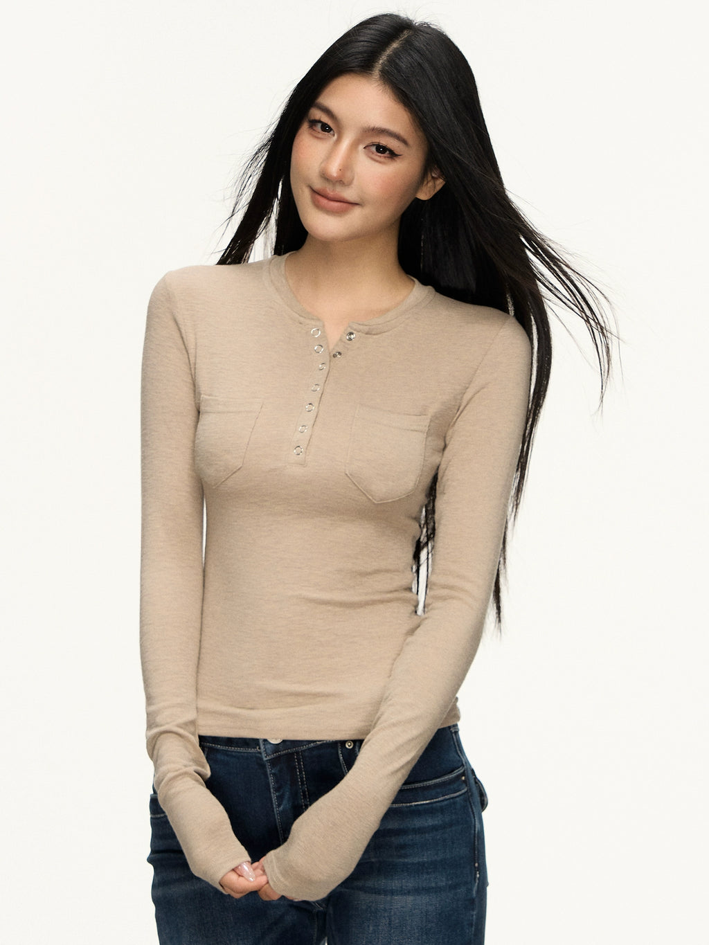 Anna Aneae Henry Collar Bottom Waist Front Shoulder Long Sleeves