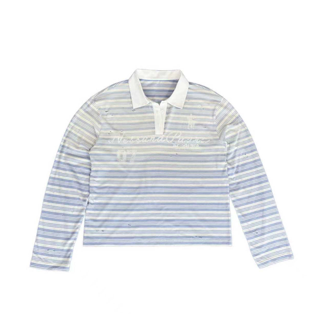 WASE Spray Dye Gradual Change Hole Print Polo Stripe Long Sleeve