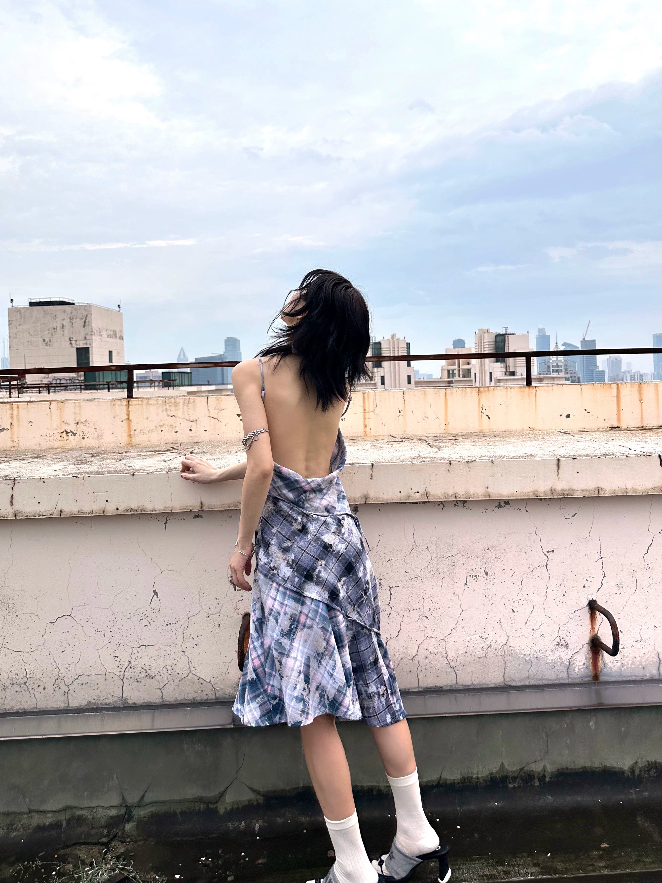 Enteralt Plaid Stitching Drawstring Lace-up Dress