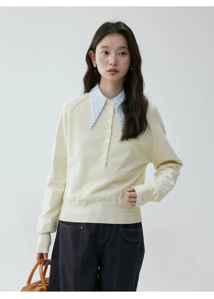 VOOE Half-open Button Round Neck Loose Knitted Long Sleeves
