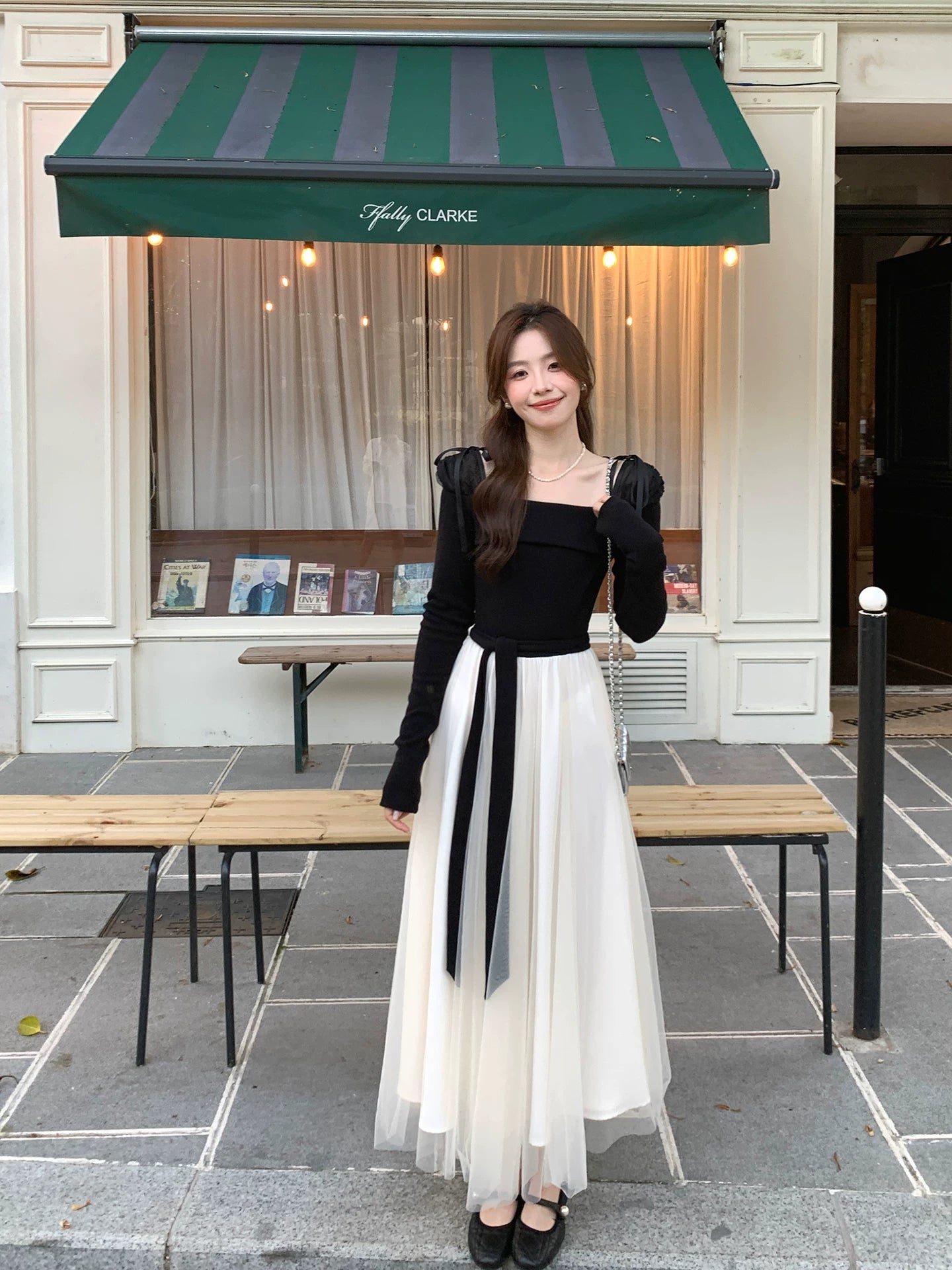 Even Square Collar Daughter Pinched Waist Thin Dress