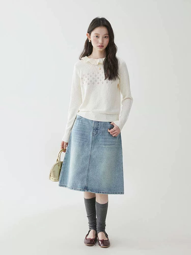 VOOE Lace Round Neck Hollow Long Sleeve