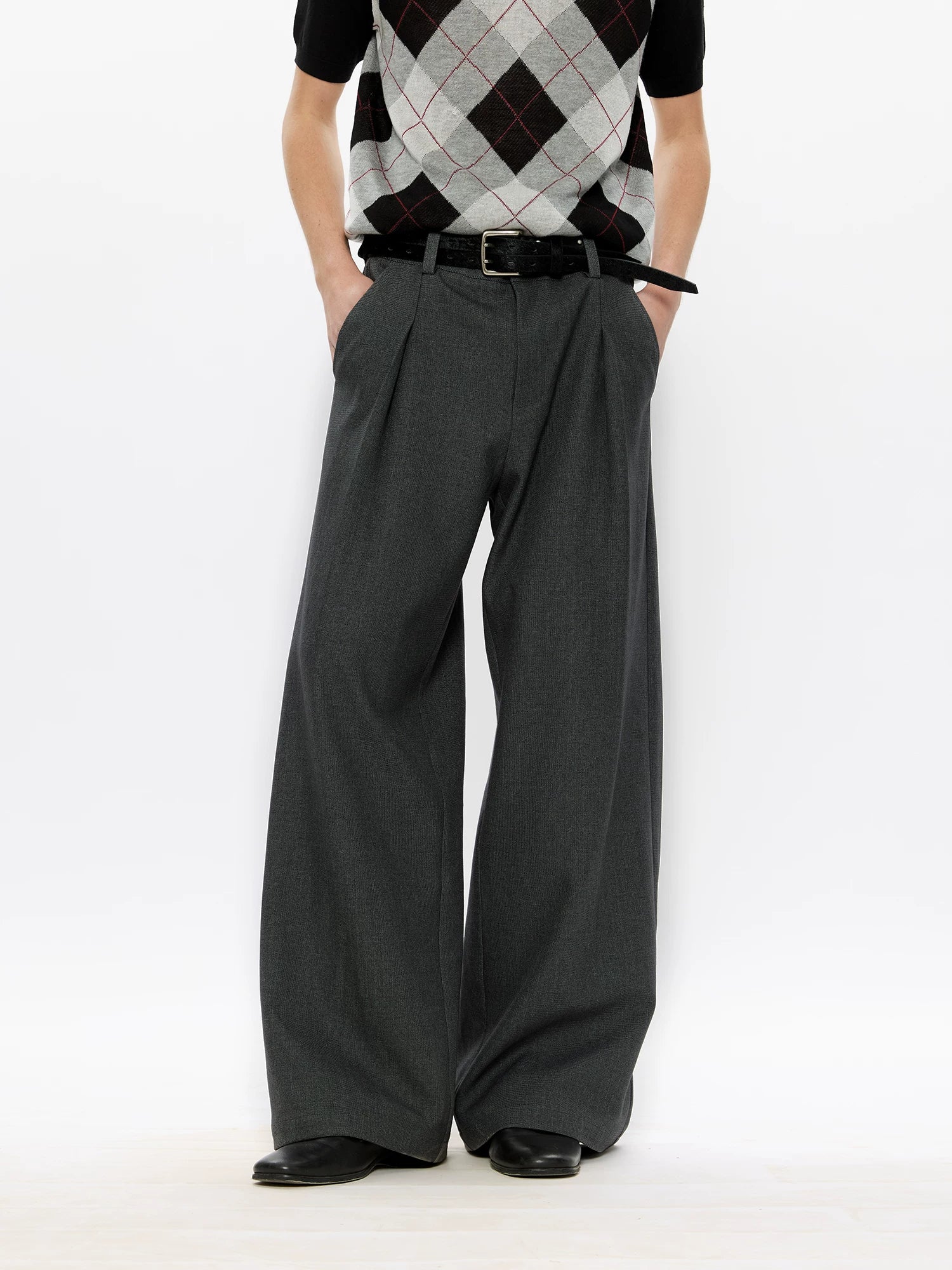 KREATE Wool Thousand Bird Grid Dark Pattern Pleated A-word Trousers