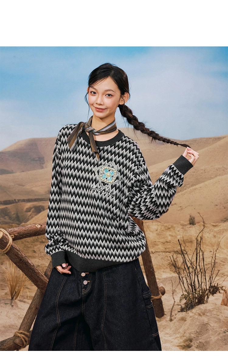 YADcrew Casual Beaded Cross Flower Wavy Knitted Sweater