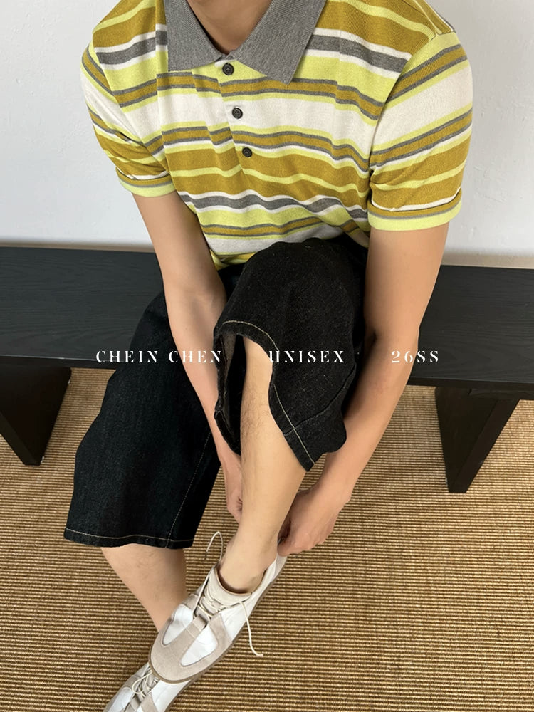 Chein Contrasting Striped Knitted Polo Shirt