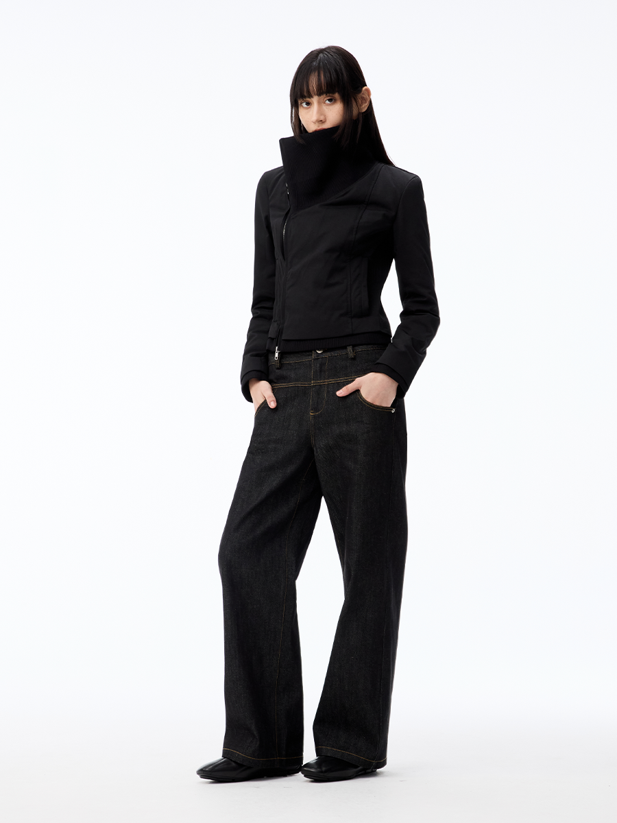 JCAESAR WOMEN Threaded Cross-Neck Slim-Fit Oblique Zipper Down Jacket