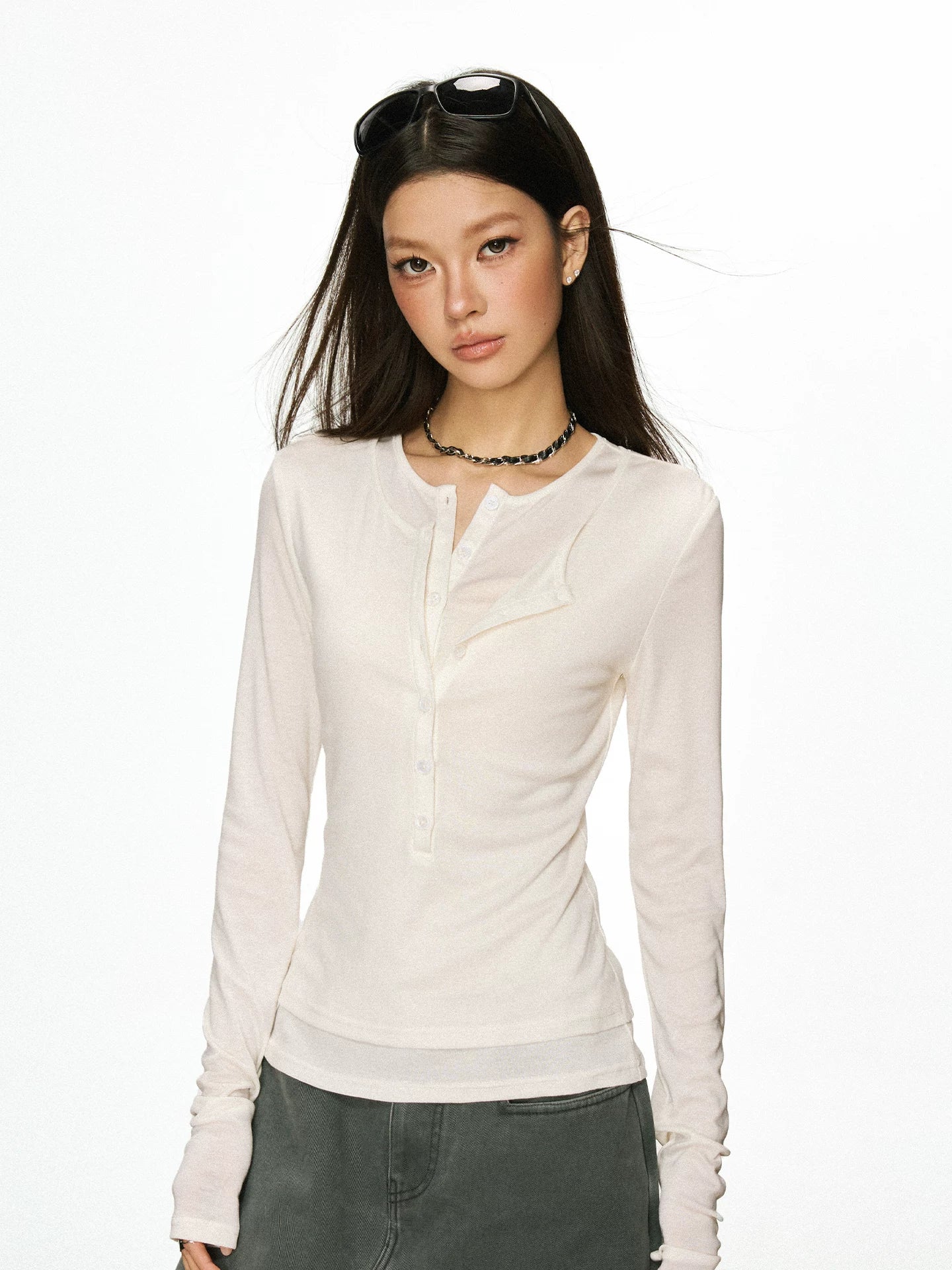 Cherry Melody Henry Shirt Collar Fake Two Long Sleeves