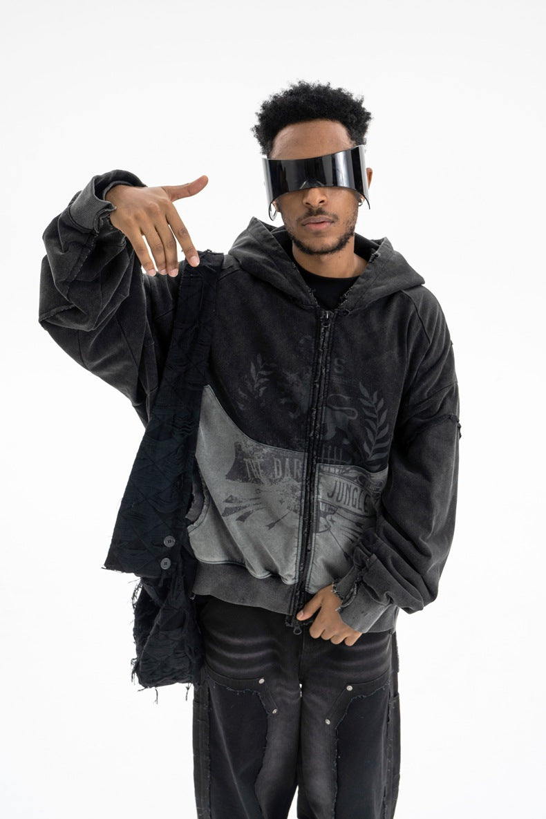 SUPER WAY Vintage Stitching Digital Print Hooded Sweater