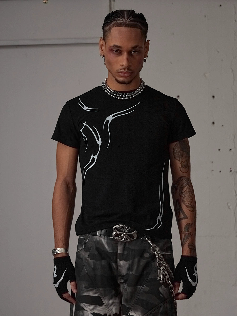 DND4DES Slim Fit Elastic Short Sleeve Crew Neck Striped Tee