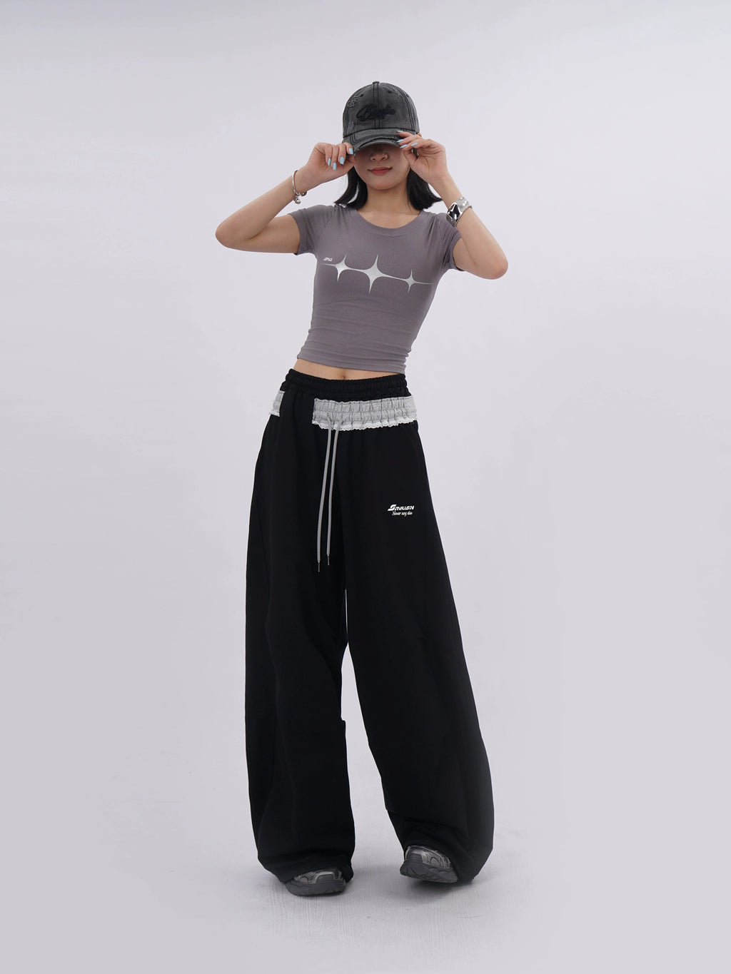 SAMUSAN Double-waisted Lace Contrasting Sports Slacks