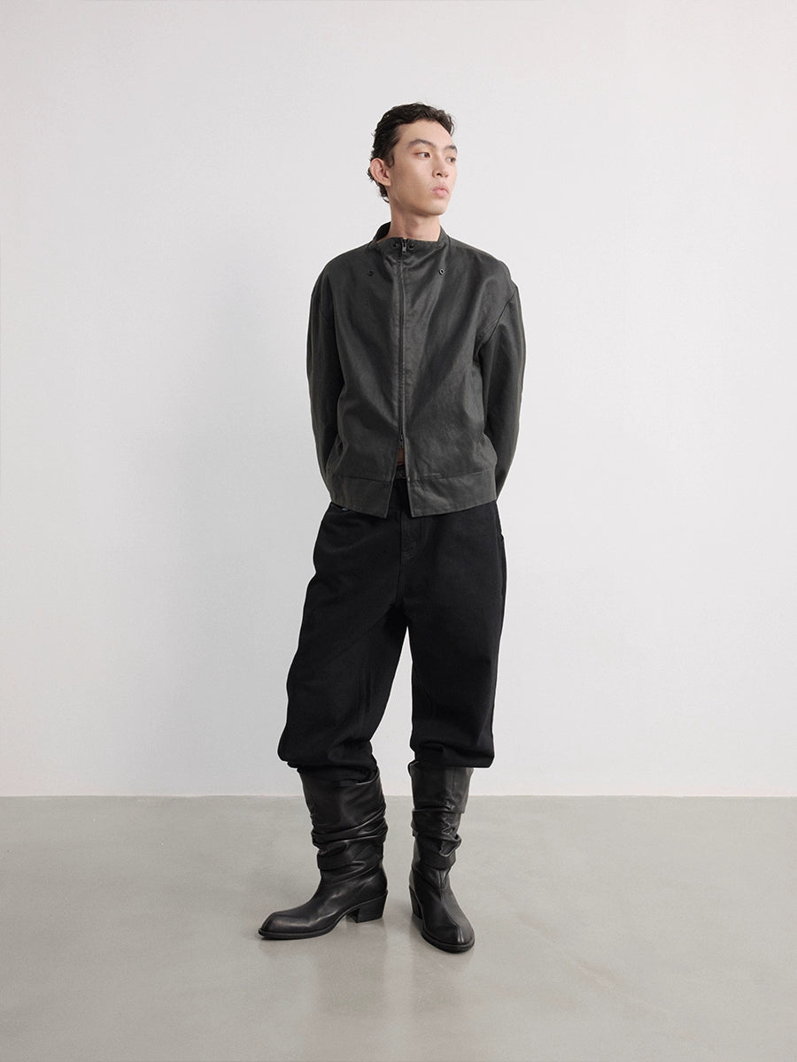 JCAESAR Special-shaped Collar Snap-down Leather Jacket