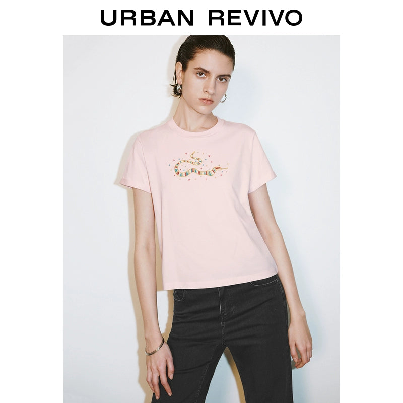 URBAN REVIVO Fun Casual Embroidery Curled Short Sleeve Tee