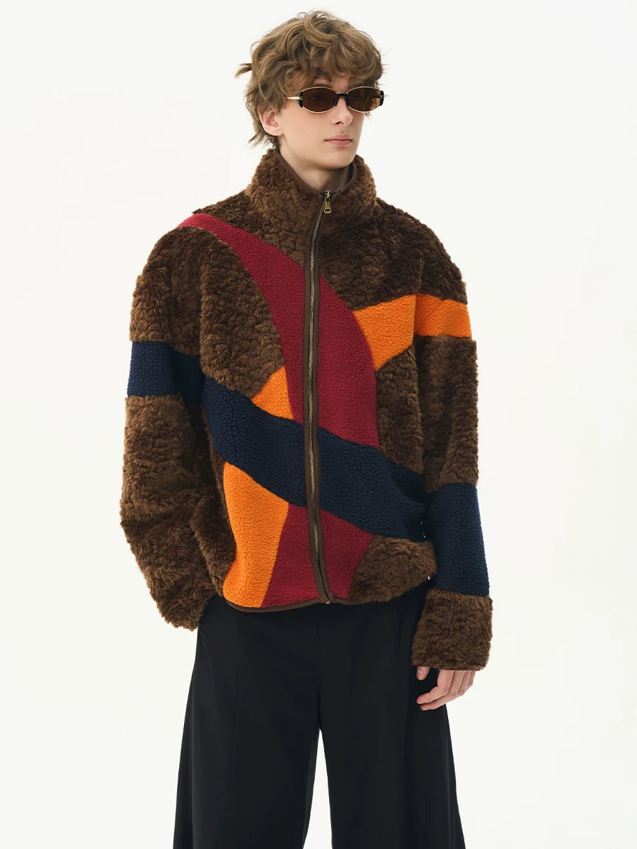 CNEW Retro Lamb Wool Spliced Loose Thermal Jacket