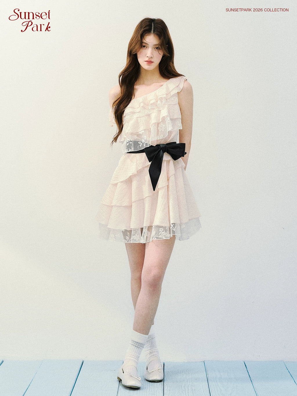 SunsetPark Fake Two-piece Slanted Shoulder Lace Ruffle Dress