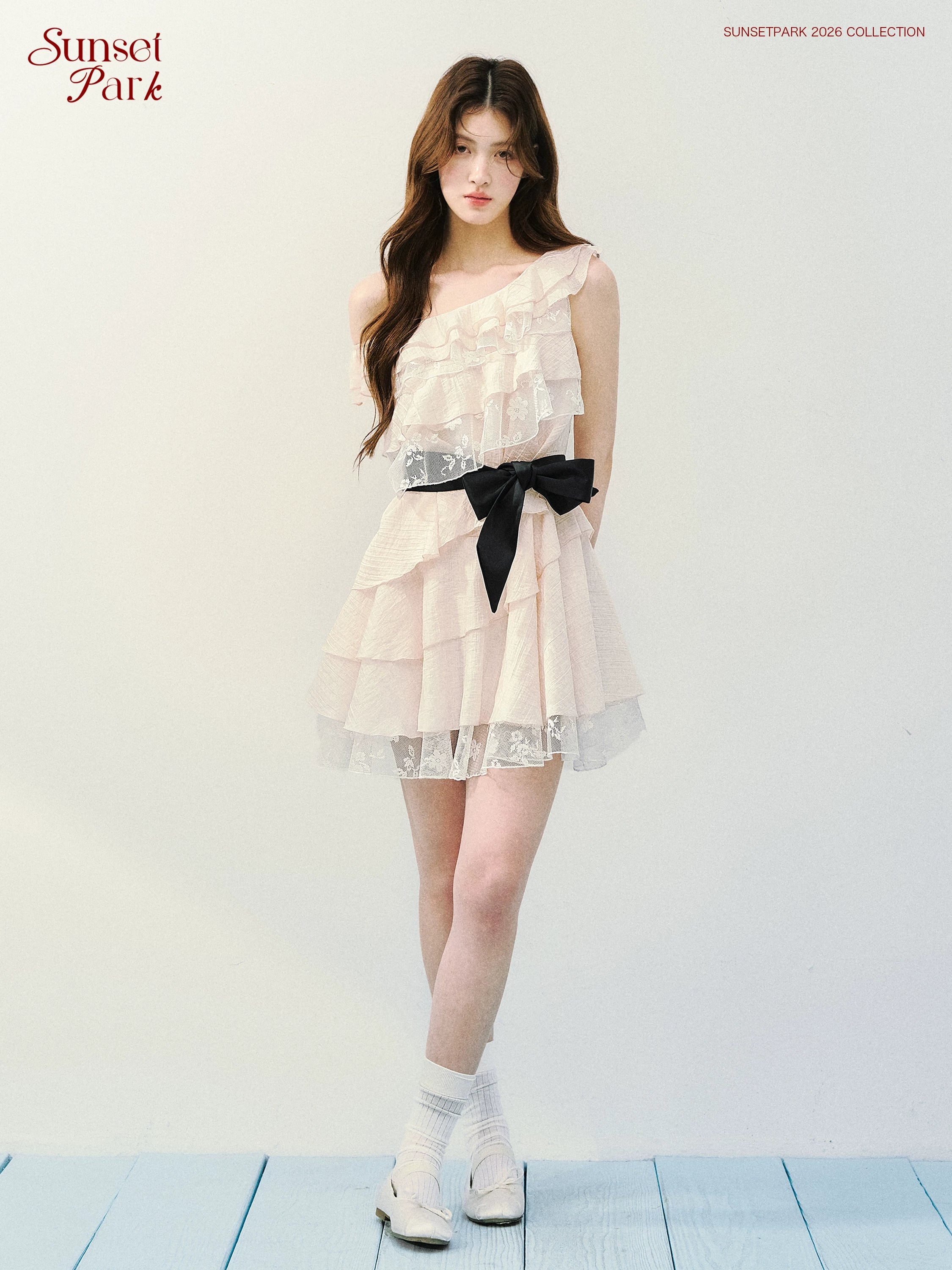 SunsetPark Fake Two-piece Slanted Shoulder Lace Ruffle Dress