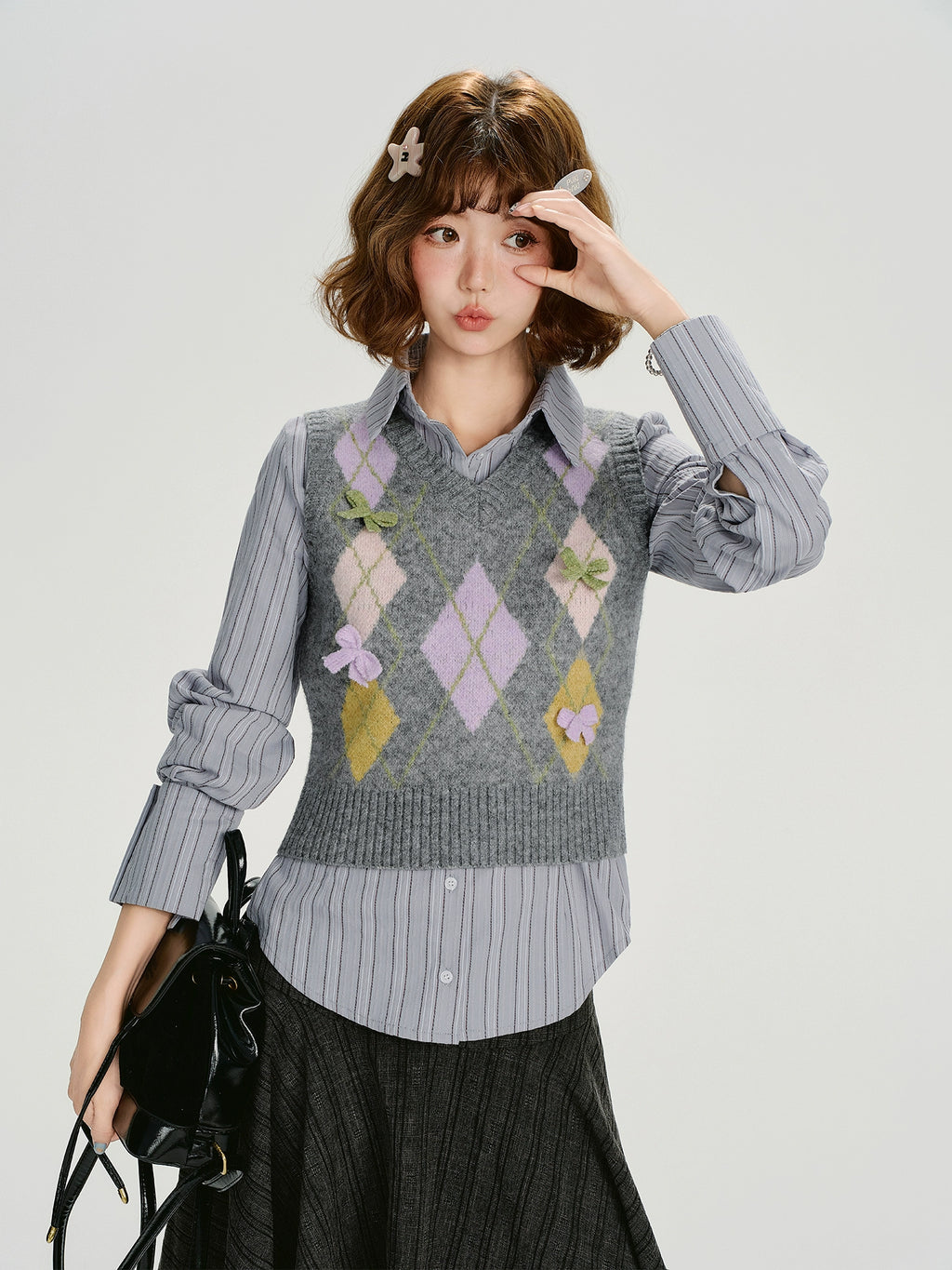 Girlyhalo Vintage Rhombus Bow V-Neck Vest