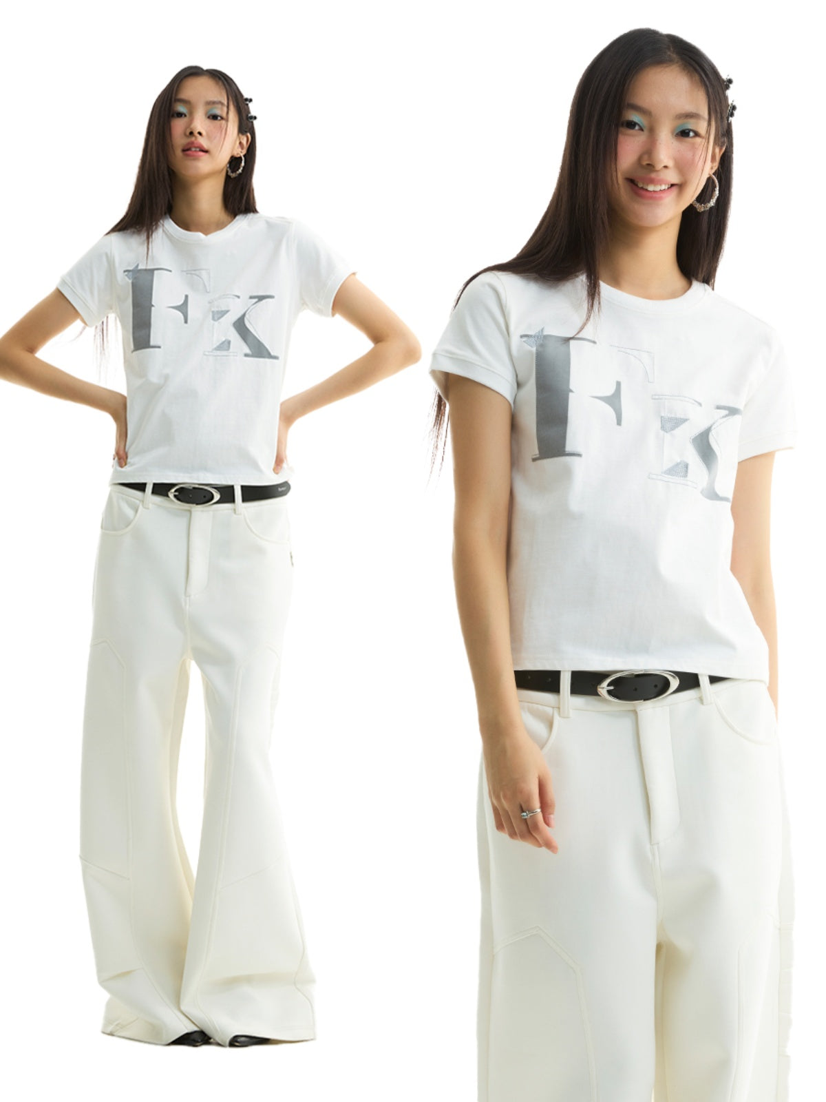 FUNKYFUN FK Letter Embroidery Print Front Shoulder Tee