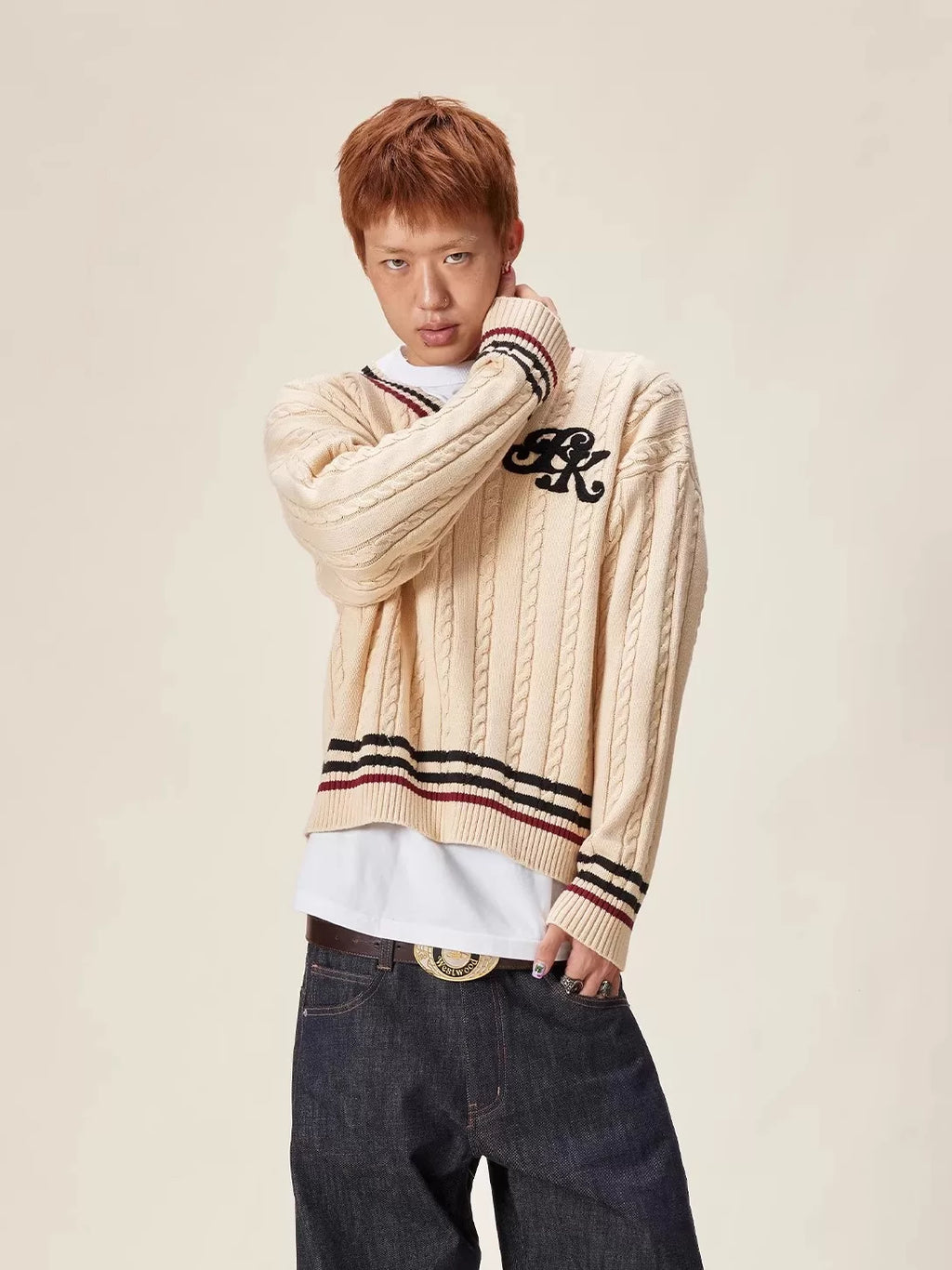 EK Academy Style Loose V-Neck Sweater