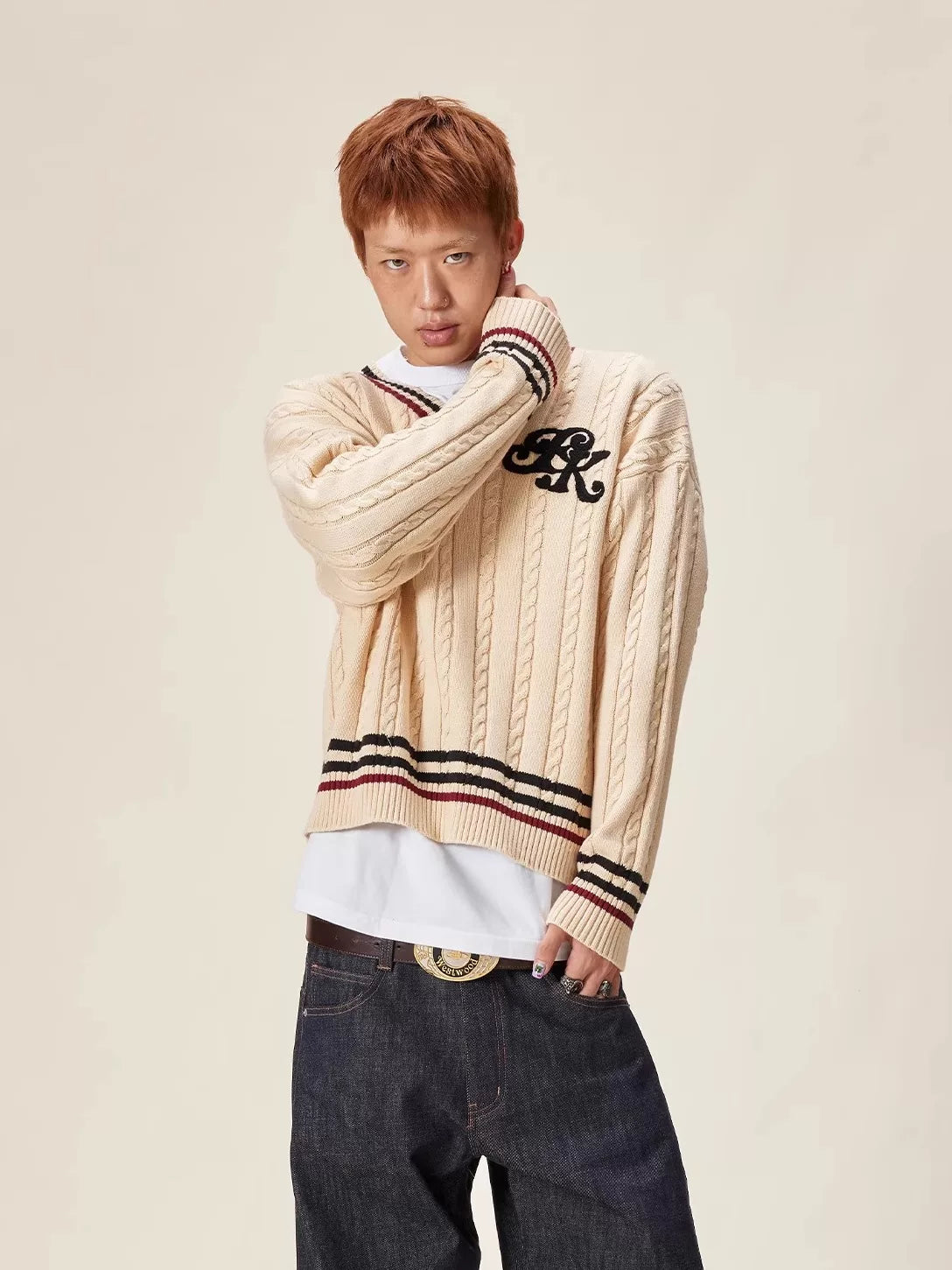 EK Academy Style Loose V-Neck Sweater
