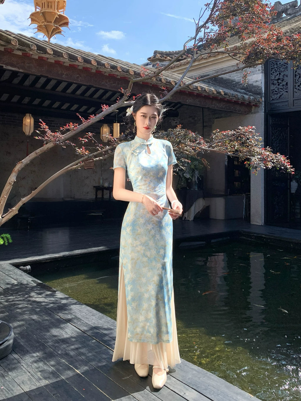 ZIHE Floral Mesh Stretch Cheongsam Slim Dress