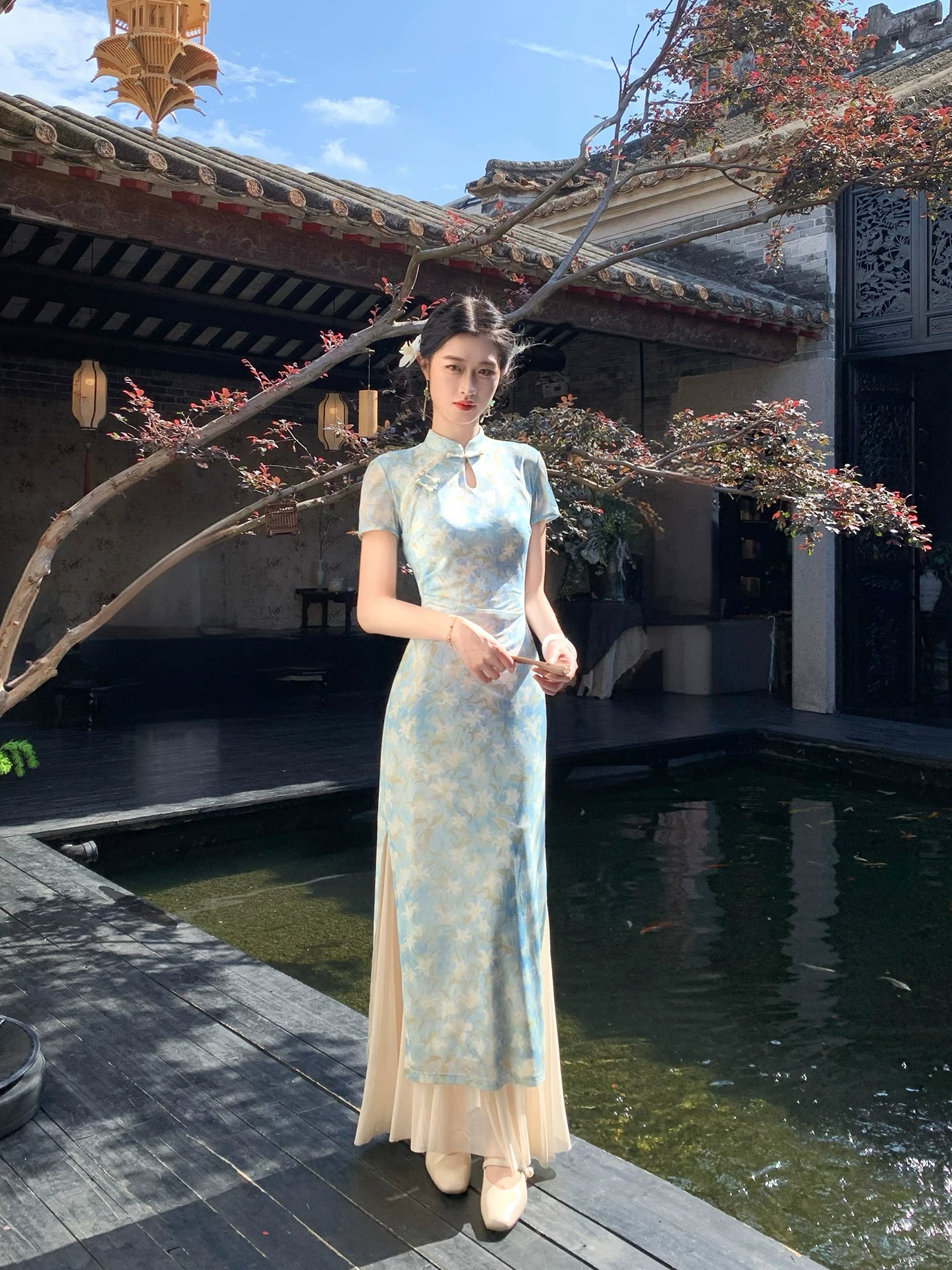 ZIHE Floral Mesh Stretch Cheongsam Slim Dress