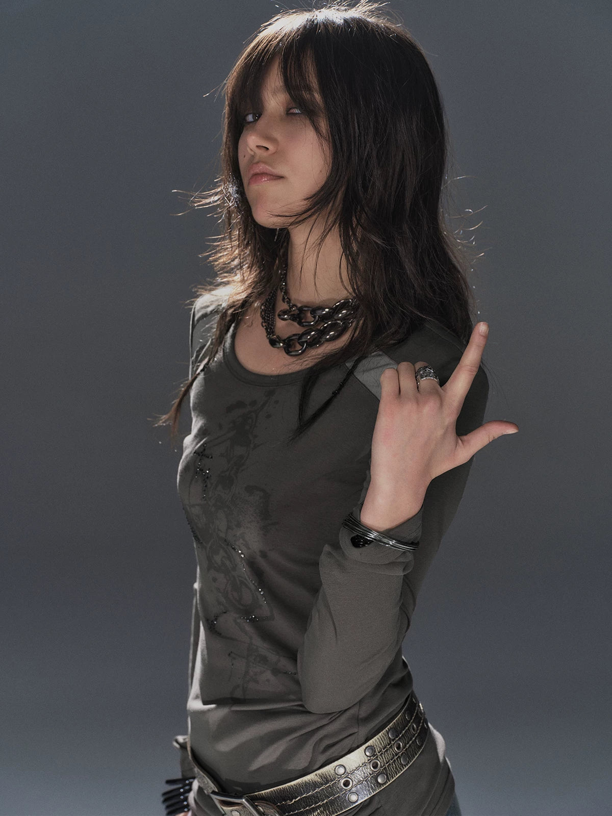 WearAndtear Mesh Stitching Round Neck Flash Diamond Slim Long Sleeve