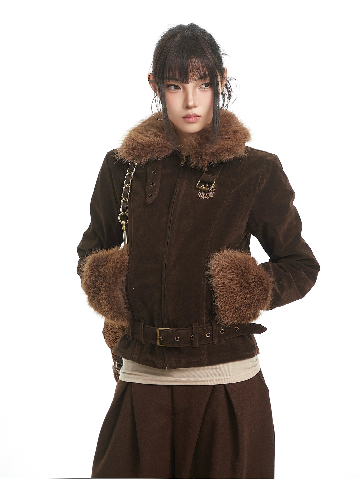 UNCMHISEX Vintage Fur Collar Stitched Deerskin Velvet Cotton Suit