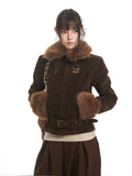 UNCMHISEX Vintage Fur Collar Stitched Deerskin Velvet Cotton Suit