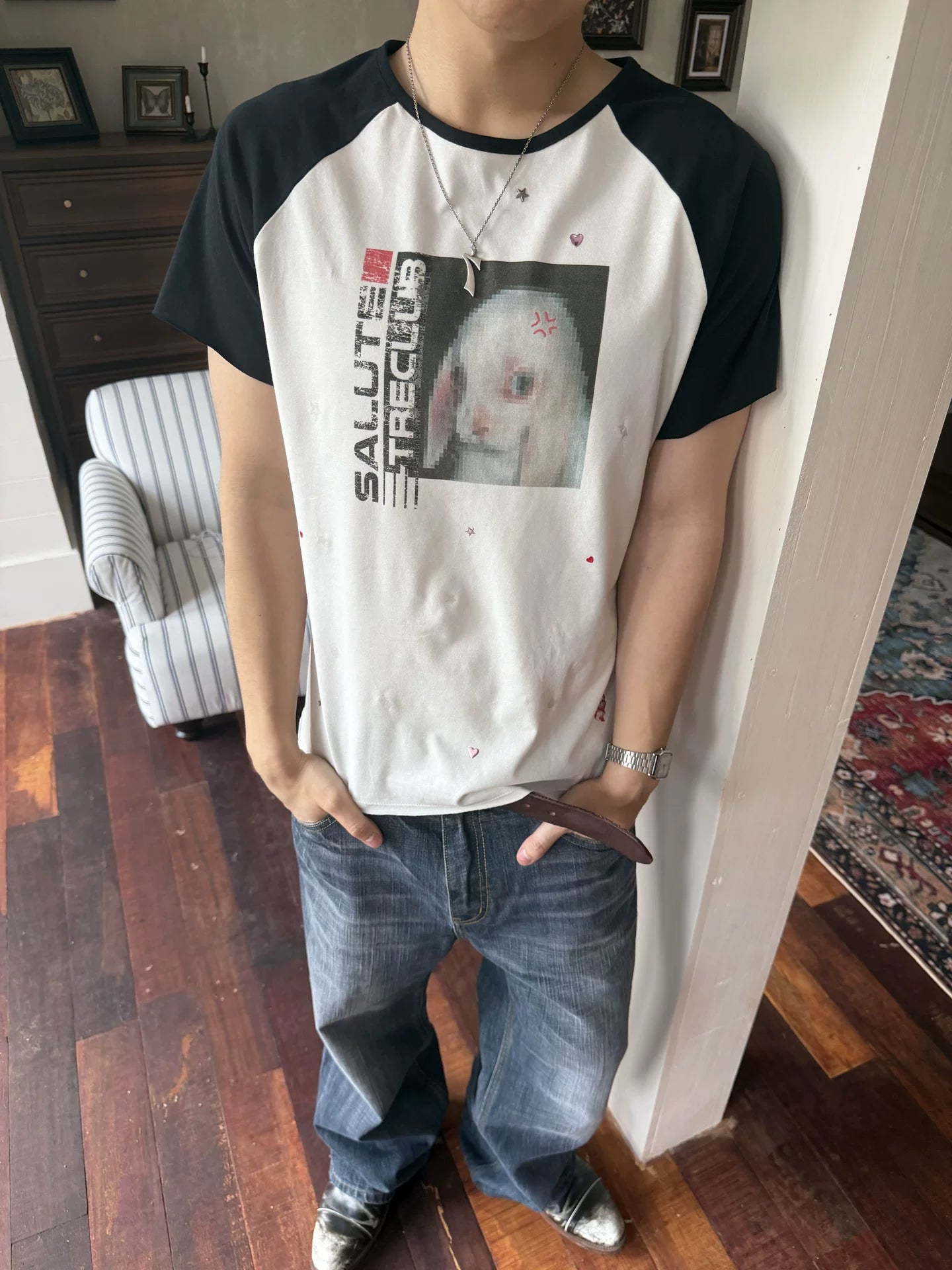 TRECLUB Sleeve Sequins Heat Printing Tee