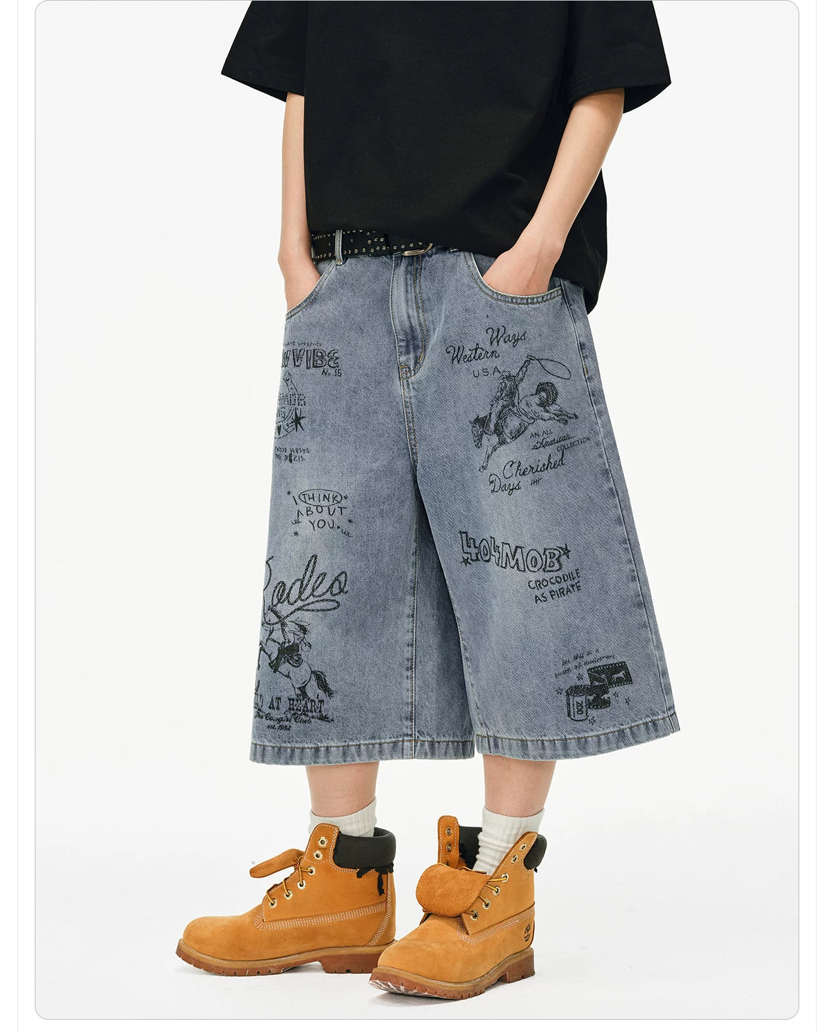 404MOB Loose Straight Wide-Leg Seven-Point Jeans