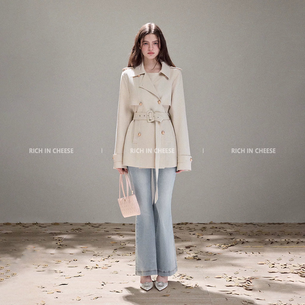 RICH IN CHEESE Lapel Double-breasted Waist Short Lace-up Trench Coat