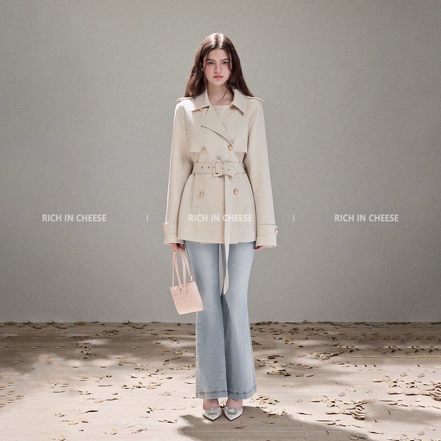 RICH IN CHEESE Lapel Double-breasted Waist Short Lace-up Trench Coat