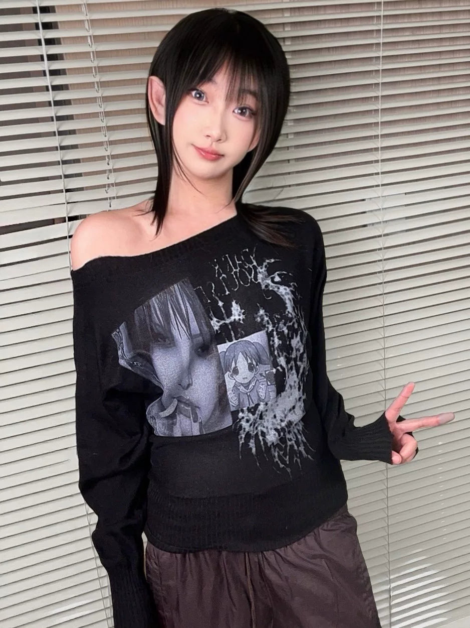 WEBBAR Slanted Shoulder Big Neckline Sweater